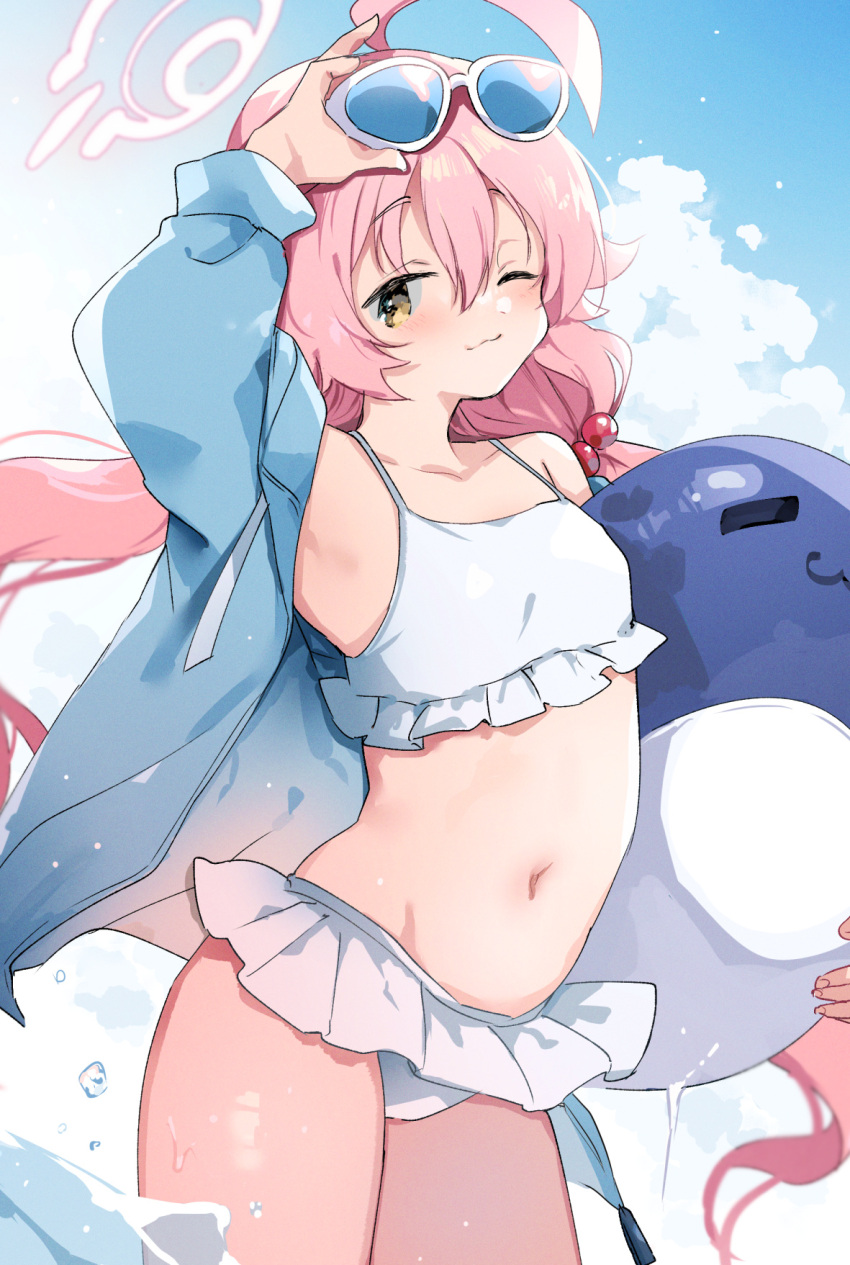 1girl, ahoge, arm_up, blue_archive, blue_jacket, blush, closed_mouth, clouds