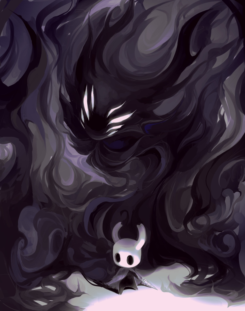 2others, black_background, darkness, extra_eyes, funeralll_black, grey_cloak, highres, holding