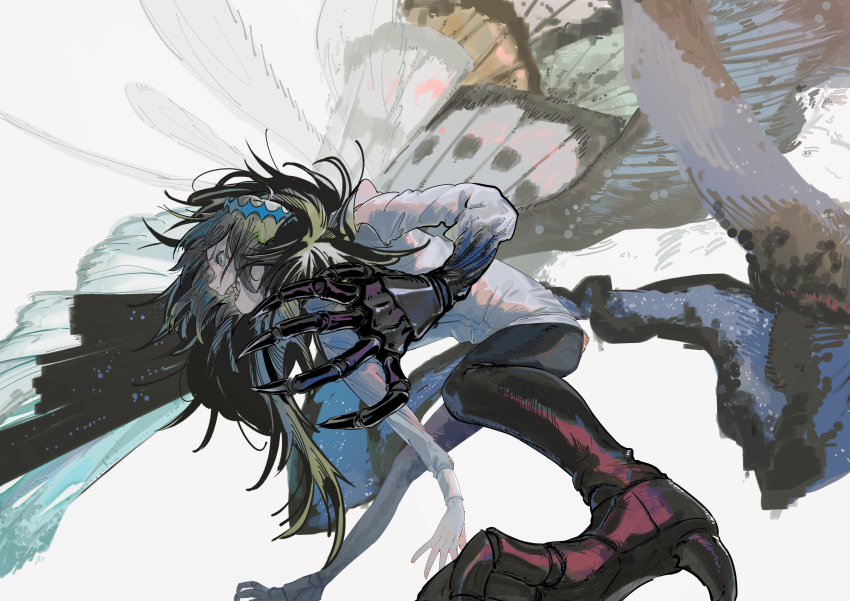 1boy, absurdres, arthropod_boy, bent_over, black_skin, blue_eyes, blue_hair, brown_hair