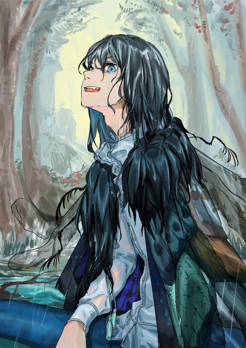 1boy, absurdres, black_hair, blue_eyes, blue_hair, da_mei, fang, fate/grand_order