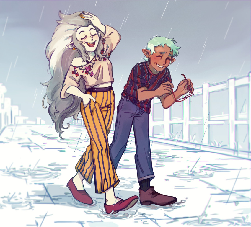 1girl, 1other, black_legwear, brown_footwear, closed_eyes, dark_skin, earrings, edalyn_clawthorne, glasses, gold_teeth, grey_hair, hand_in_pocket, highres, holding, holding_eyewear, jewelry, midriff, open_mouth, outdoors, pants, pointy_ears, raine_whispers, red_footwear, shirt, sidelocks, smile, striped, striped_pants, striped_shirt, syashko, teeth, the_owl_house, walking, white_background