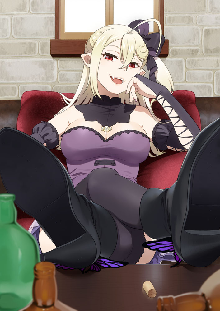 1girl, bangs, blonde_hair, boots, bottle, breasts, camilla_vanstein, crossed_legs, eyebrows_behind_hair, feet, feet_on_table, fingerless_gloves, foot_focus, gloves, hair_between_eyes, hair_ribbon, kemonomichi, long_hair, looking_at_viewer, mattaku_mousuke, open_mouth, red_eyes, ribbon, skirt, smile, solo, table, teeth, vampire, wall, window, wine_bottle