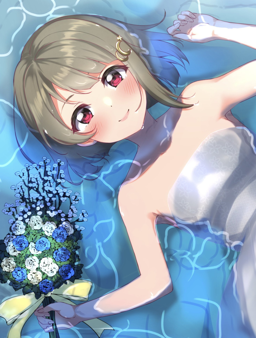 1girl, blush, character_request, copyright_request, crescent, crescent_hair_ornament, dress, flower