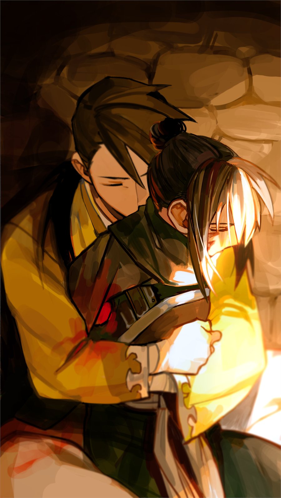 197_369, 1boy, 1girl, arm_wrap, armor, bangs, black_hair, blood