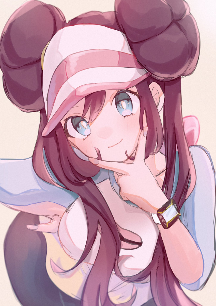 1girl, bent_over, black_legwear, blue_eyes, blush, breasts, brown_hair, closed_mouth, commentary_request, double_bun, hair_bun, hand_on_hip, highres, legwear_under_shorts, long_hair, looking_at_viewer, mcmcusg, pantyhose, pokemon, pokemon_(game), pokemon_bw2, raglan_sleeves, rosa_(pokemon), short_shorts, shorts, smile, solo, twintails, v, visor_cap, yellow_shorts