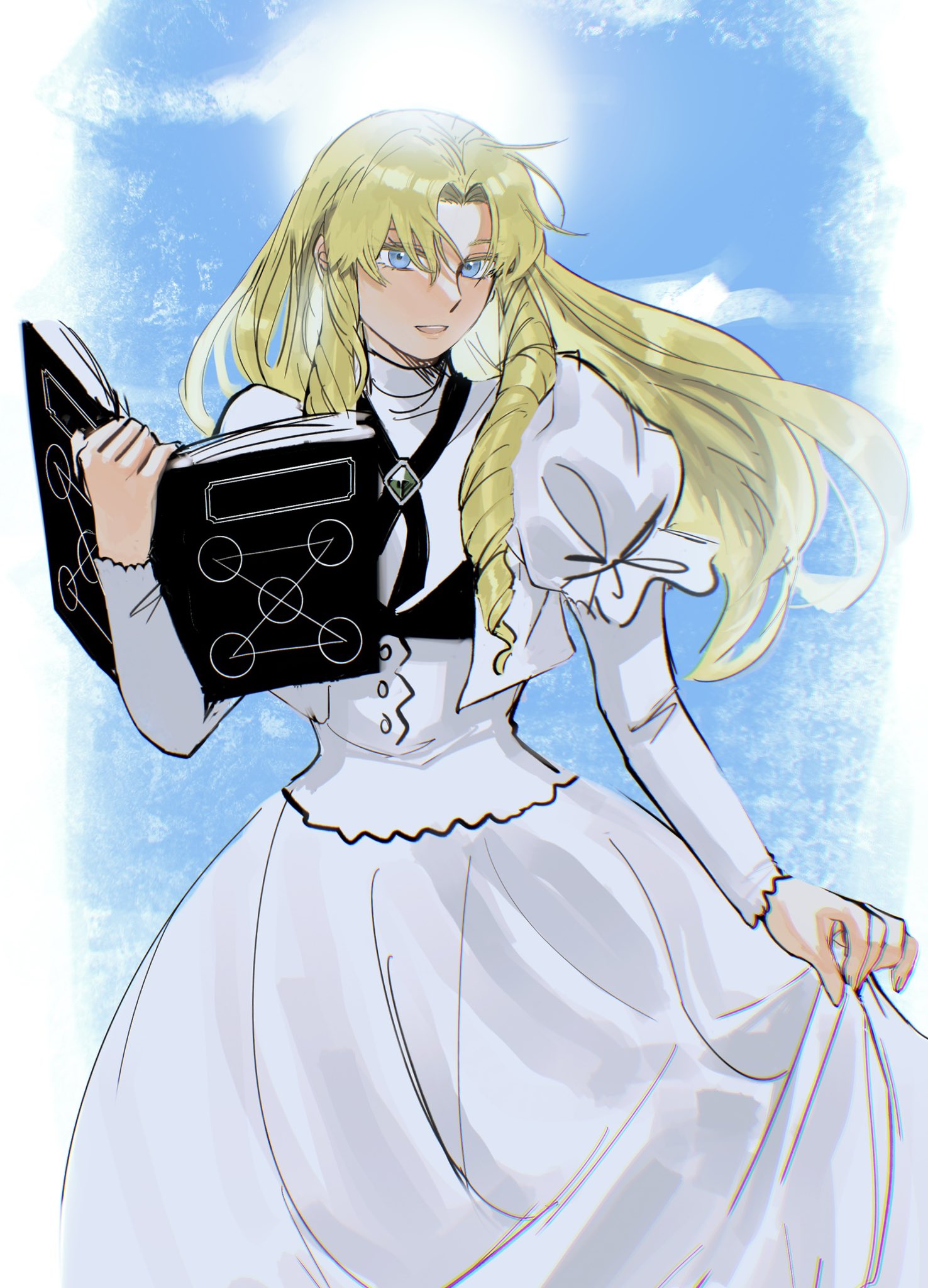 1girl, blonde_hair, blue_eyes, blue_sky, book, dress, drill_hair, gem, green_gemstone, hair_between_eyes, highres, holding, holding_book, konjiki_no_gash!!, long_hair, open_book, outdoors, ozaki_(tsukiko3), puffy_sleeves, sherry_belmont, sketch, sky, solo, white_dress