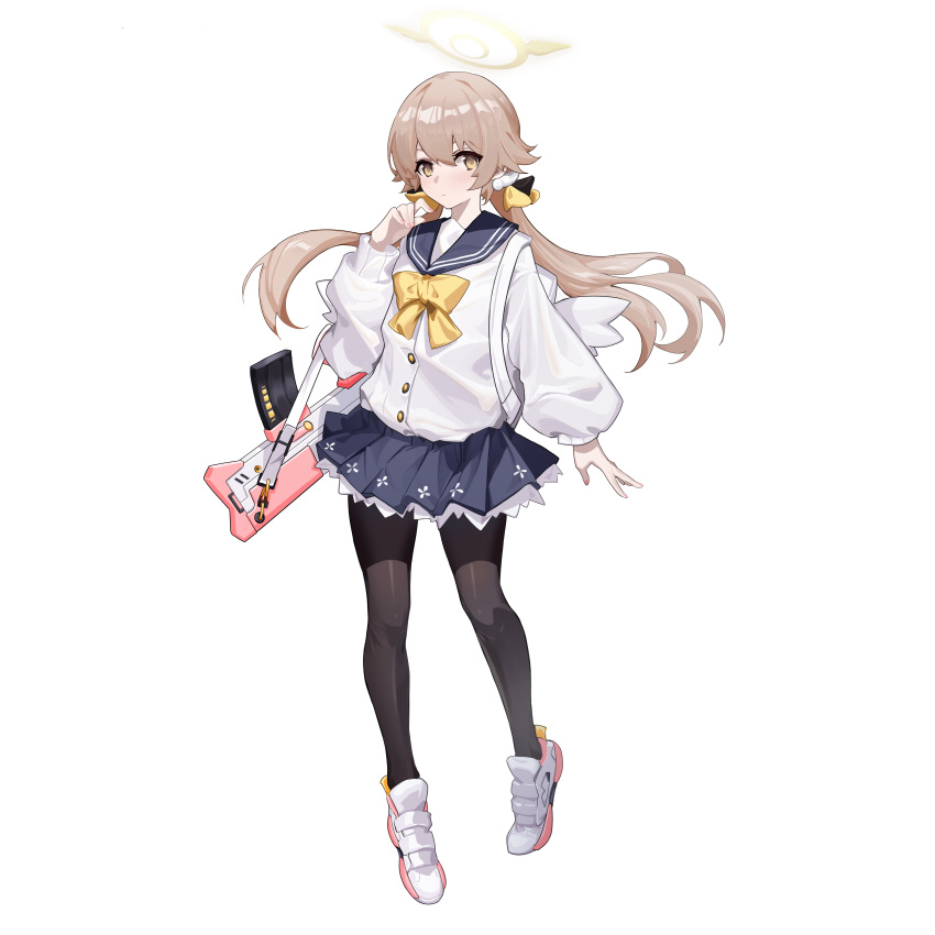1girl, absurdres, blue_archive, blue_skirt, bow, brown_eyes, brown_hair, chengxiang_dsa