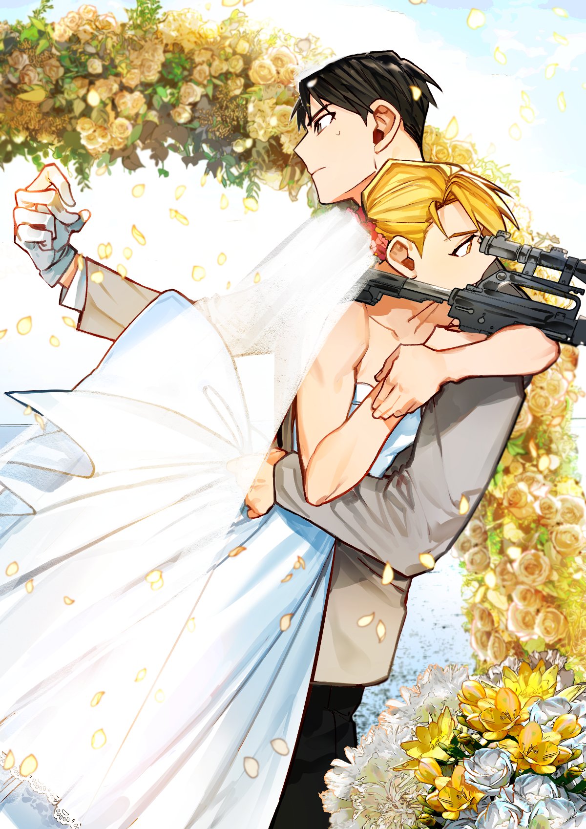 197_369, 1boy, 1girl, aiming, arch, bare_arms, bare_shoulders, black_hair