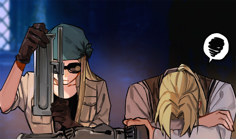 197_369, 1boy, 1girl, arm_pillow, automail, bandana, bangs, brown_gloves