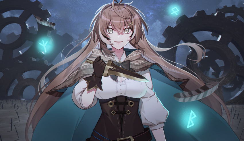 1girl, absurdres, ahoge, bangs, belt, brown_capelet, brown_cloak, brown_corset