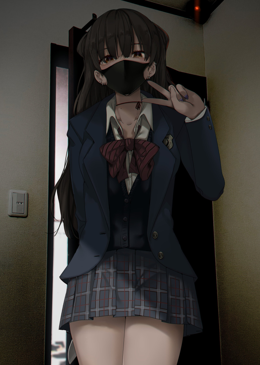 1girl, absurdres, arms_behind_back, bangs, black_hair, blazer, bow, bowtie, brown_eyes, cardigan, collared_shirt, commentary_request, cowboy_shot, door, ear_piercing, fingernails, hair_over_eyes, highres, holding, holding_knife, jacket, knife, knife_behind_back, konata_(kankin_jk), long_hair, looking_at_viewer, mask, mishiranu_joshikousei_ni_kankin_sareta_mangaka_no_hanashi, mole, mole_on_neck, mouth_mask, neck_ribbon, open_door, piercing, plaid, plaid_skirt, pleated_skirt, purple_nails, ribbon, ryouma_(galley), school_uniform, shirt, skirt, solo, striped, striped_bow, v, white_shirt, yandere