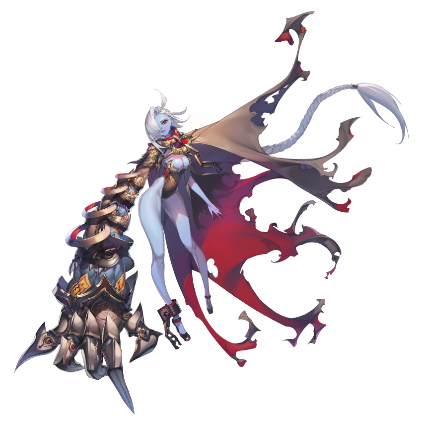 1girl, absurdly_long_hair, absurdres, anklet, armor, black_footwear, blue_skin, broken, broken_chain, brown_cloak, cacaco, chain, claw_(weapon), clawed_gauntlets, cloak, collar, colored_skin, covered_navel, cuffs, fingernails, gauntlets, gem, grey_background, grey_hair, hair_over_one_eye, high_heels, highres, jewelry, jiangshi, long_fingernails, long_hair, multicolored_cloak, multicolored_clothes, ofuda, original, parted_lips, pauldrons, ponytail, purple_lips, red_cloak, red_eyes, red_gemstone, shackles, sharp_fingernails, shoulder_armor, simple_background, single_pauldron, solo, spikes, talisman, torn, torn_cloak, torn_clothes, veins, veiny_arms, very_long_fingernails, very_long_hair, weapon