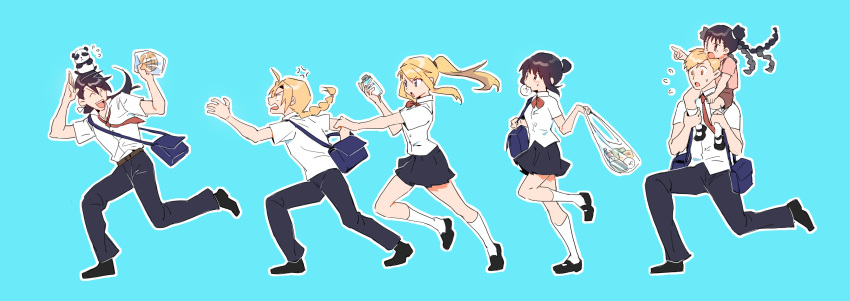 3boys, 3girls, absurdres, alphonse_elric, animal, animal_on_head, bag, black_footwear