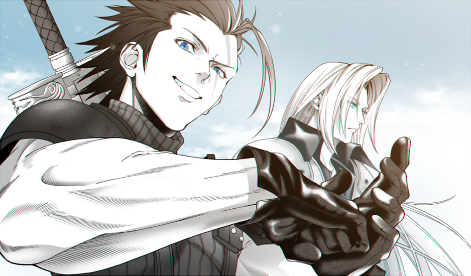2boys, armor, bangs, black_gloves, black_hair, blue_eyes, buster_sword, clouds