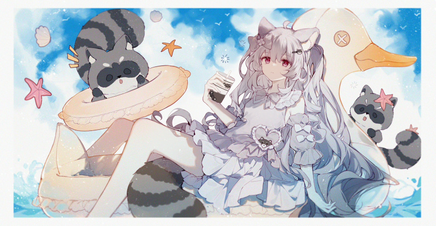1girl, ahoge, animal, animal_ears, bangs, bare_shoulders, bow, commission
