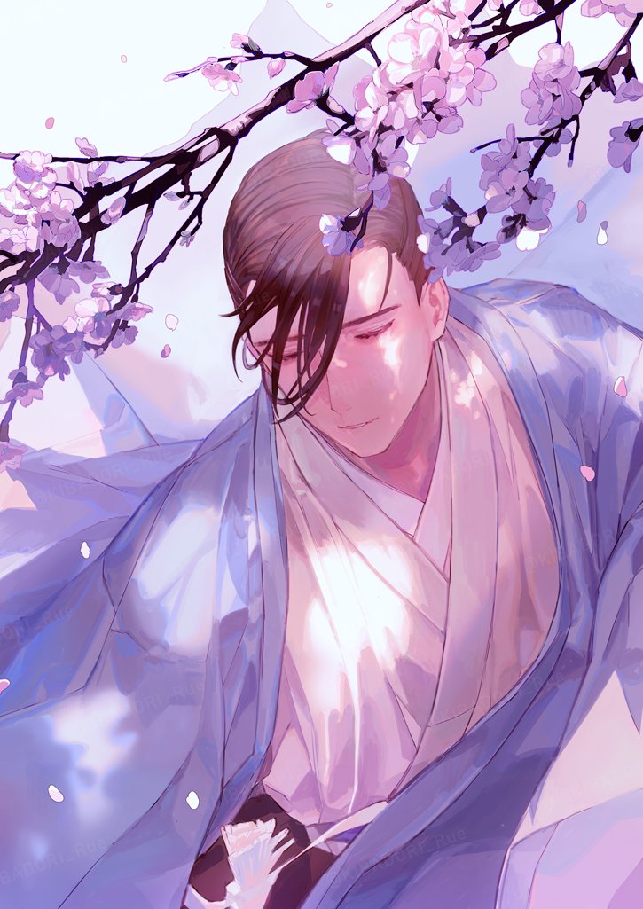 1boy, blue_jacket, brown_hair, cherry_blossoms, closed_eyes, dappled_sunlight, facing_to_the_side, falling_petals