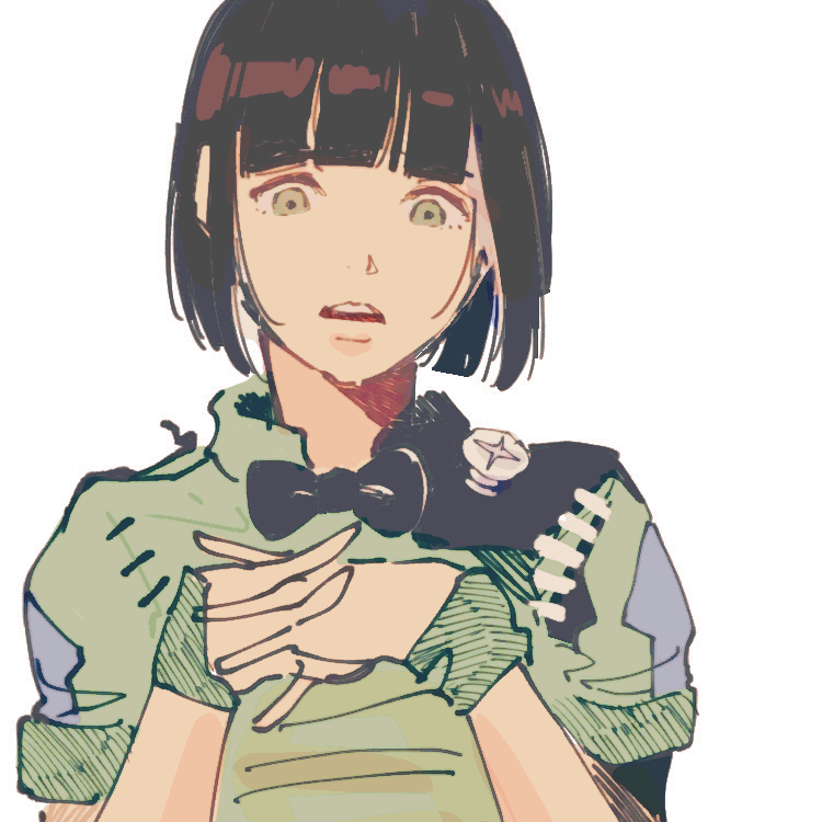 1girl, bow, bowtie, genderswap, genderswap_(mtf), green_eyes, green_shirt, higashikata_joshu, inanashil, interlocked_fingers, jojo_no_kimyou_na_bouken, jojolion, looking_down, screw, shirt, wrist_cuffs