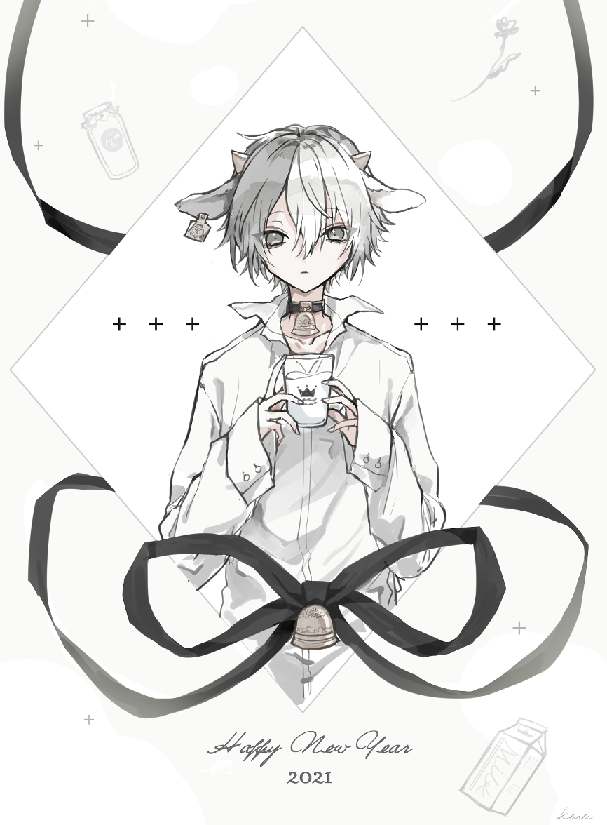 1boy, 2021, 81kaia, animal_ears, bell, bishounen, black_hair, chinese_zodiac, cow, cow_ears, cow_horns, cowbell, grey_eyes, horns, long_sleeves, looking_at_viewer, male_focus, multicolored_hair, neck_bell, new_year, original, shirt, solo, split-color_hair, white_background, white_hair, white_shirt, year_of_the_ox