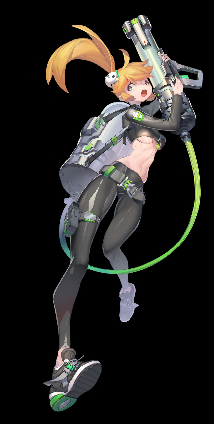1girl, absurdres, ahoge, ass_visible_through_thighs, belt, black_background, blonde_hair, blue_eyes