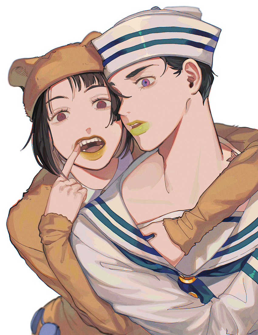 1boy, 1girl, bear_pajamas, black_hair, finger_in_own_mouth, green_lips, hand_under_clothes, hat