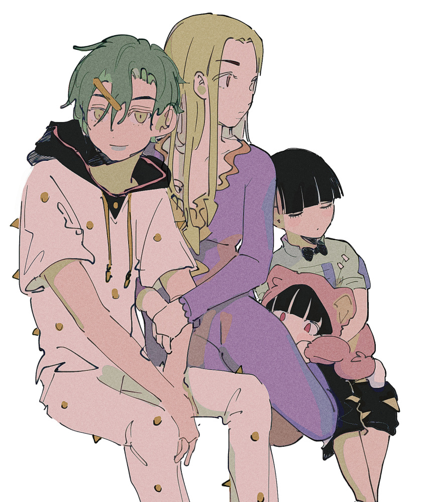 2boys, 2girls, bear_pajamas, bow, bowtie, green_hair, hair_ornament, hairclip