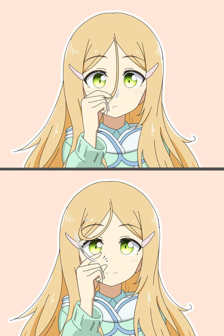 1girl, blonde_hair, eyebrows_behind_hair, green_eyes, hair_between_eyes, hair_ornament, hairclip, highres