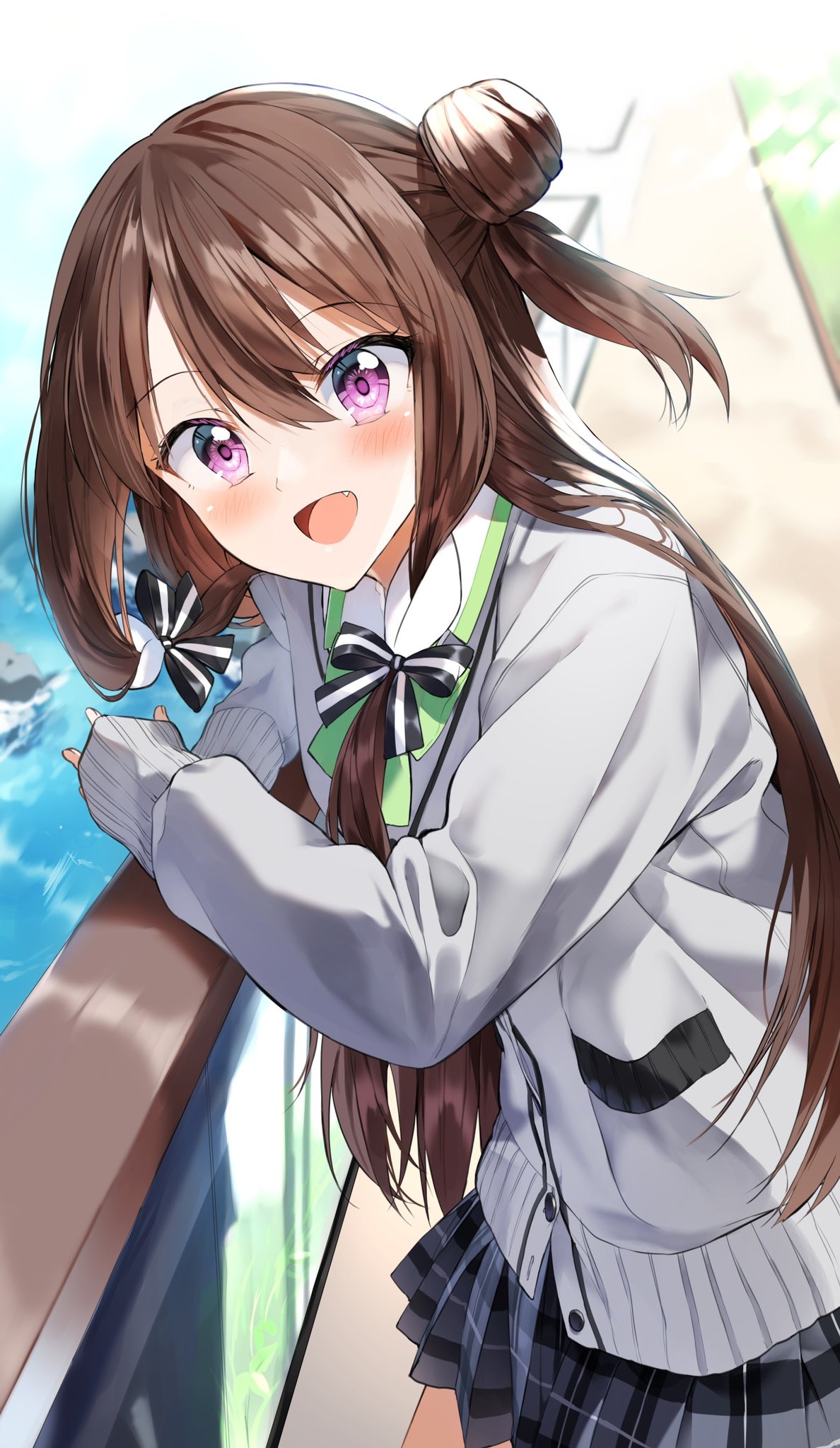1girl, :d, bangs, black_bow, blush, bow, brown_hair, cardigan