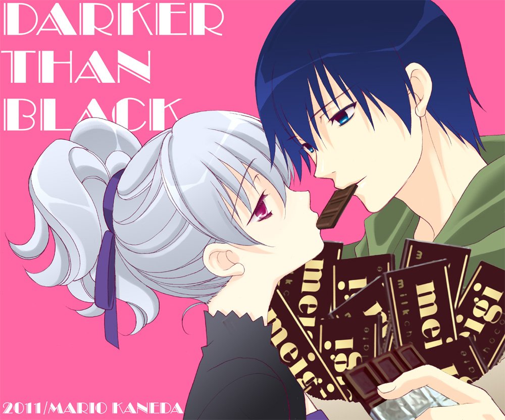1boy, 1girl, artist_name, black_dress, blue_eyes, blue_hair, candy, chocolate, chocolate_bar, couple, darker_than_black, dress, food, food_in_mouth, green_hoodie, grey_hair, hair_between_eyes, hair_ribbon, hei_(darker_than_black), holding, holding_chocolate, holding_food, hood, hoodie, looking_at_another, mario_kaneda, medium_hair, pink_background, ponytail, ribbon, sharing_food, short_hair, upper_body, violet_eyes, wavy_hair, yin_(darker_than_black)