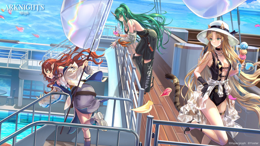 3girls, absurdres, animal_ears, arknights, blue_skirt, clouds, cloudy_sky, cruise_ship