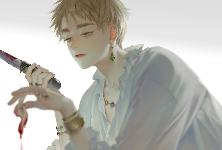 1boy, absurdres, armlet, axis_powers_hetalia, blonde_hair, blood, blood_on_knife, earrings