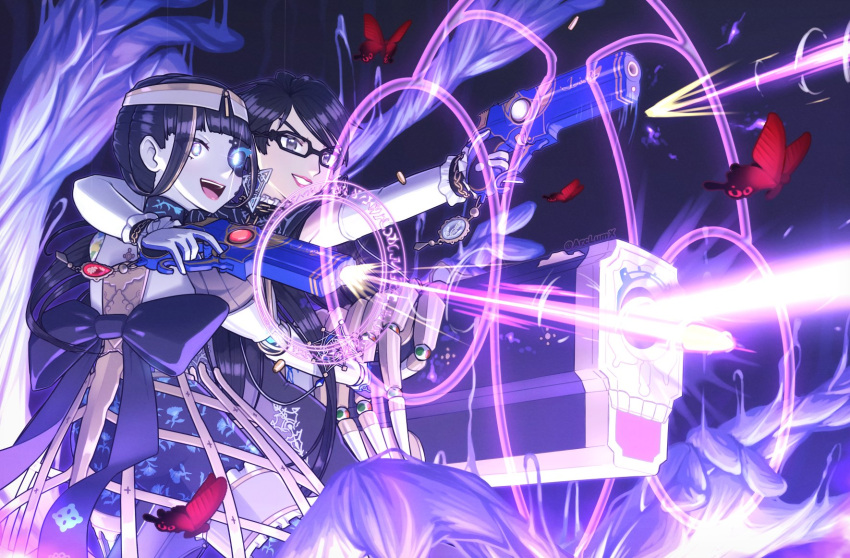 2girls, arclumx, arm_around_shoulder, azami_(xenoblade), bayonetta, bayonetta_(series), bayonetta_2, black_hair