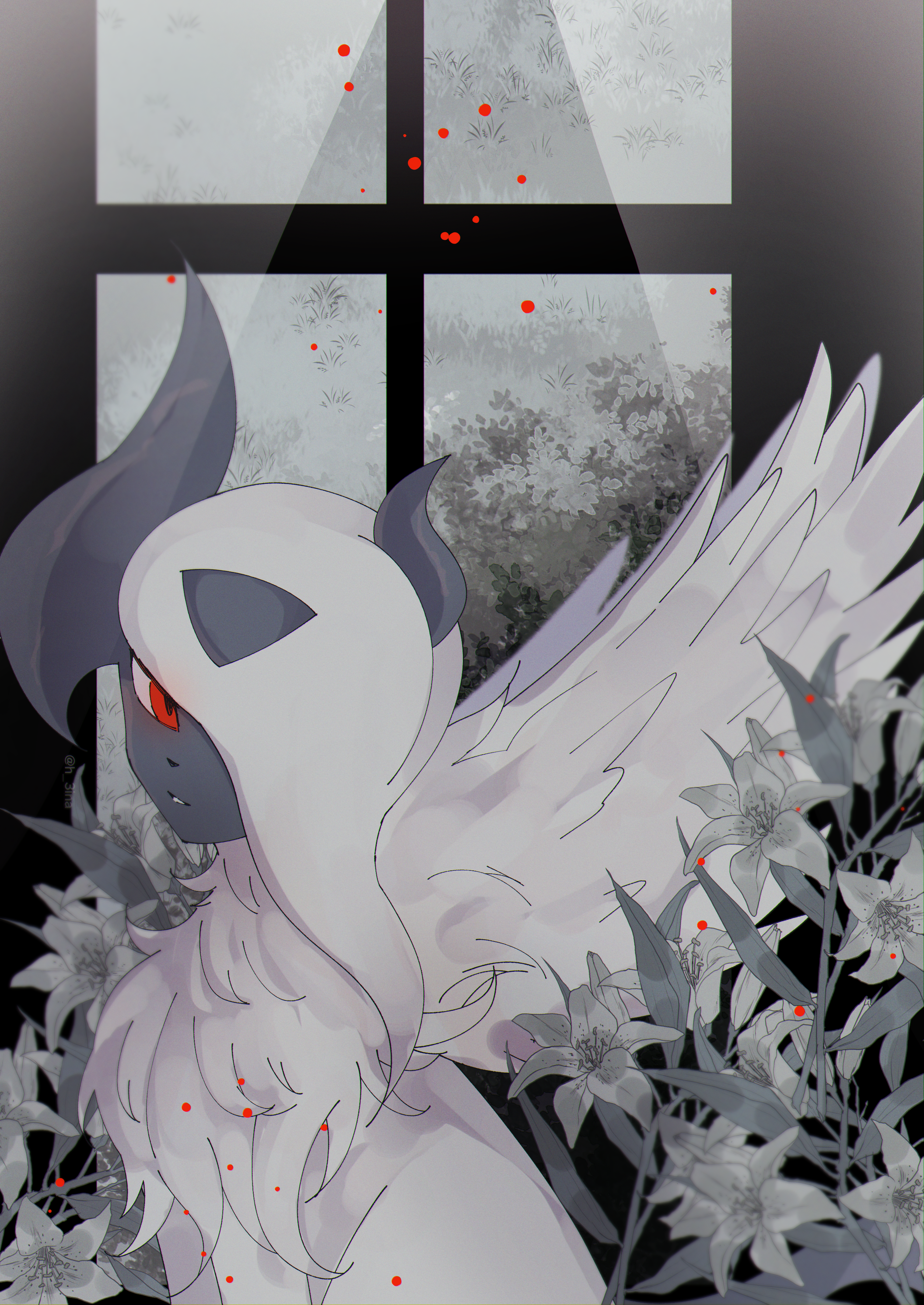 absol, absurdres, animal_focus, asymmetrical_hair, bush, chromatic_aberration, commentary_request, english_commentary, feathered_wings, flower, from_side, glowing, glowing_eyes, grass, grey_flower, hair_over_one_eye, highres, indoors, light_rays, lily_(flower), long_hair, looking_at_viewer, mega_absol, mega_pokemon, mixed-language_commentary, muted_color, no_humans, one_eye_covered, parted_lips, partial_commentary, pokemon, pokemon_(creature), red_eyes, shiro_hinageshi, sitting, solo, teeth, upper_body, white_hair, white_wings, window, wings