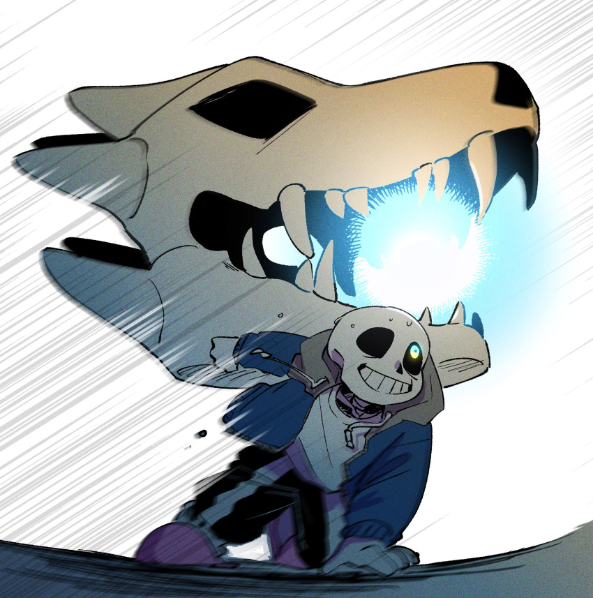 1boy, arm_support, black_shorts, blue_eyes, blue_jacket, drawstring, full_body, gasterblaster, glowing, glowing_eye, grin, highres, jacket, male_focus, moruineko, motion_lines, pink_footwear, sans_(undertale), shirt, shorts, simple_background, skeleton, smile, solo, sweat, undertale, white_background, white_shirt
