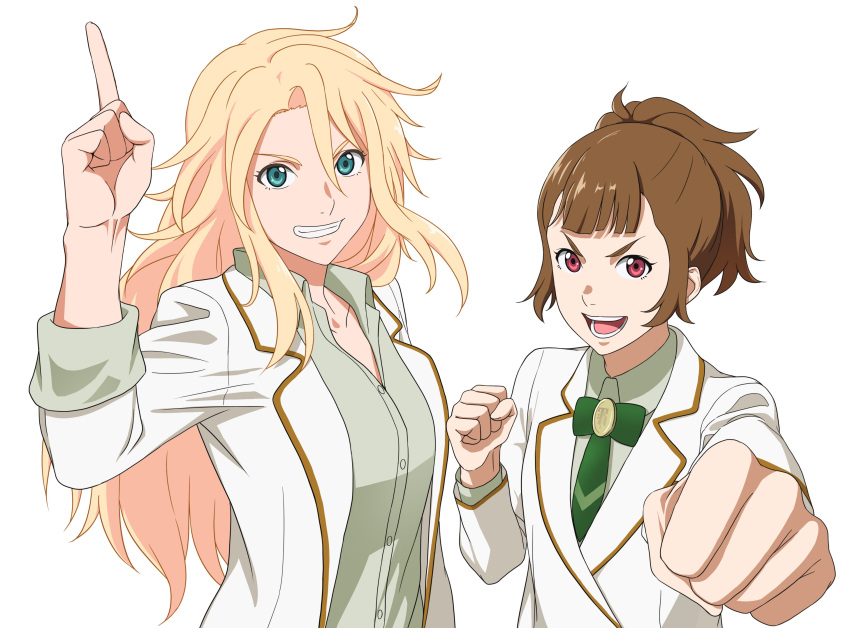 2girls, absurdres, birdie_wing:_golf_girls'_story, blazer, blonde_hair, brown_hair, clenched_hand, eve_(birdie_wing), foreshortening, green_eyes, grin, highres, index_finger_raised, jacket, long_hair, looking_at_viewer, multiple_girls, ponytail, red_eyes, saotome_ichina, simple_background, smile, sosona, white_background