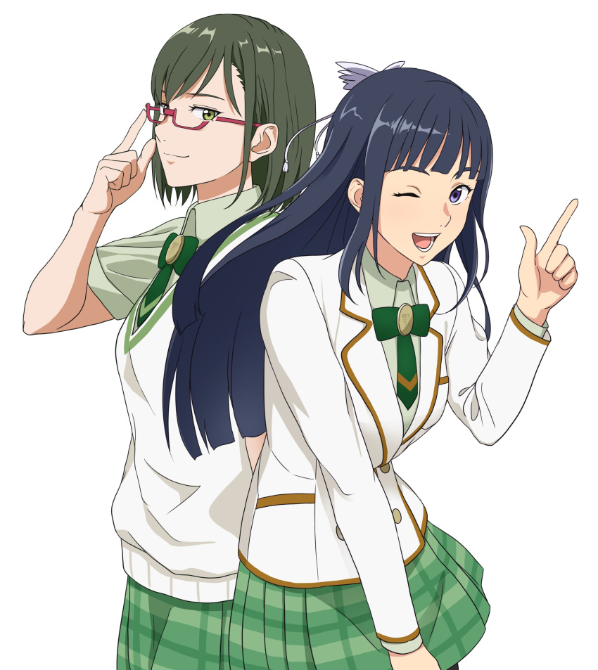 2girls, absurdres, amawashi_aoi, bangs, birdie_wing:_golf_girls'_story, black_hair, blazer, blunt_bangs, brown_hair, glasses, green_skirt, grey_eyes, hand_on_eyewear, highres, index_finger_raised, jacket, long_hair, looking_at_viewer, multiple_girls, one_eye_closed, plaid, plaid_skirt, shinjou_amane, short_hair, simple_background, skirt, smile, sosona, white_background, white_jacket