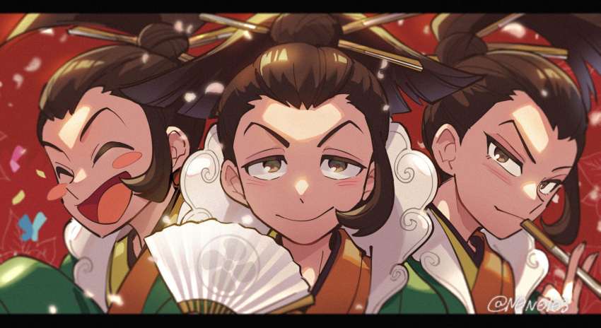 1boy, ace_attorney, androgynous, blush_stickers, brown_eyes, brown_hair, folding_fan, hair_bun, hair_ornament, hair_stick, hand_fan, highres, holding, holding_fan, japanese_clothes, kimono, looking_at_viewer, multicolored_clothes, multicolored_kimono, multiple_persona, multiple_views, nono_(norabi), phoenix_wright:_ace_attorney_-_spirit_of_justice, sidelocks, single_hair_bun, smile, uendo_toneido