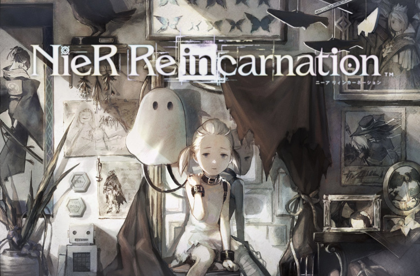 1girl, akeha_(nier_reincarnation), bandaged_leg, bandages, bird, black_collar, blonde_hair, bug
