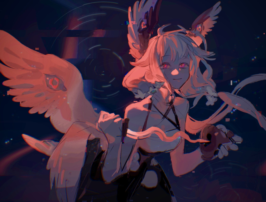 1girl, absurdly_long_hair, ahoge, bangs, bird_girl, blonde_hair, blue_background, blue_dress