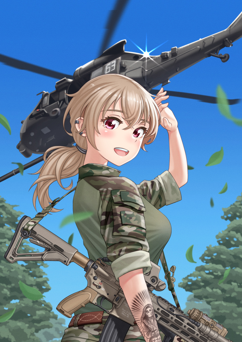 1girl, absurdres, aircraft, assault_rifle, bangs, blonde_hair, breasts, camouflage, ear_piercing, falling_leaves, gun, h&amp;k_hk416, helicopter, highres, large_breasts, leaf, long_hair, looking_at_viewer, looking_to_the_side, low_ponytail, military, military_uniform, military_vehicle, original, piercing, red_eyes, rifle, tattoo, tree, uh-60_blackhawk, uniform, waruzamurai, weapon