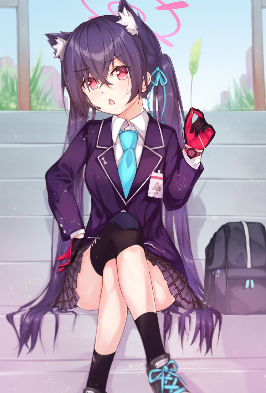 1girl, absurdres, animal_ears, bag, bangs, black_hair, blazer, blue_archive