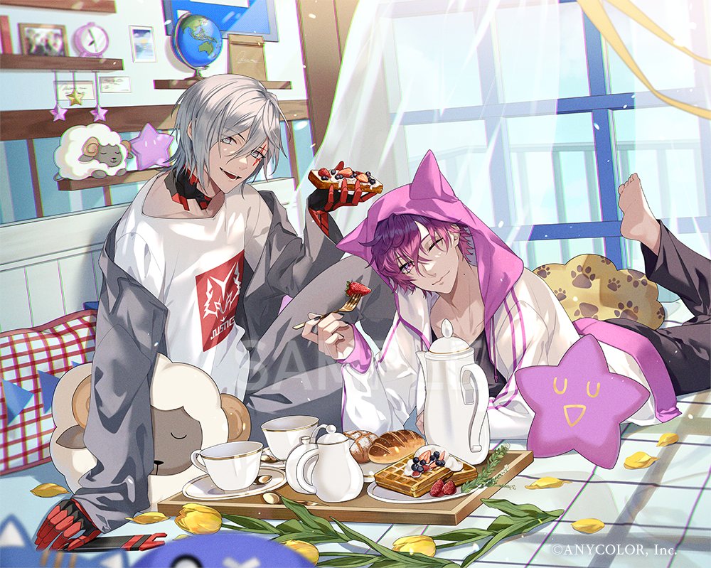 2boys, alarm_clock, bangs, barefoot, black_choker, black_pants, blueberry, book, choker, clock, comfydant_(fulgur_ovid), copyright_name, cup, curtains, facial_tattoo, food, fruit, fulgur_ovid, globe, gradient_hair, grey_eyes, grey_hair, grey_jacket, grey_pants, hair_between_eyes, hair_over_one_eye, hood, hoodie, jacket, long_sleeves, looking_at_viewer, lying, mechanical_arms, michikake16, multicolored_clothes, multicolored_hair, multiple_boys, nijisanji, nijisanji_en, official_art, on_stomach, one_eye_closed, pants, picture_frame, pillow, psychic, purple_hair, purple_hoodie, red_choker, shirt, short_hair, sky, smile, stargazer_(uki_violeta), strawberry, t-shirt, tattoo, teacup, teapot, uki_violeta, violet_eyes, virtual_youtuber, waffle, white_hoodie, white_shirt, window