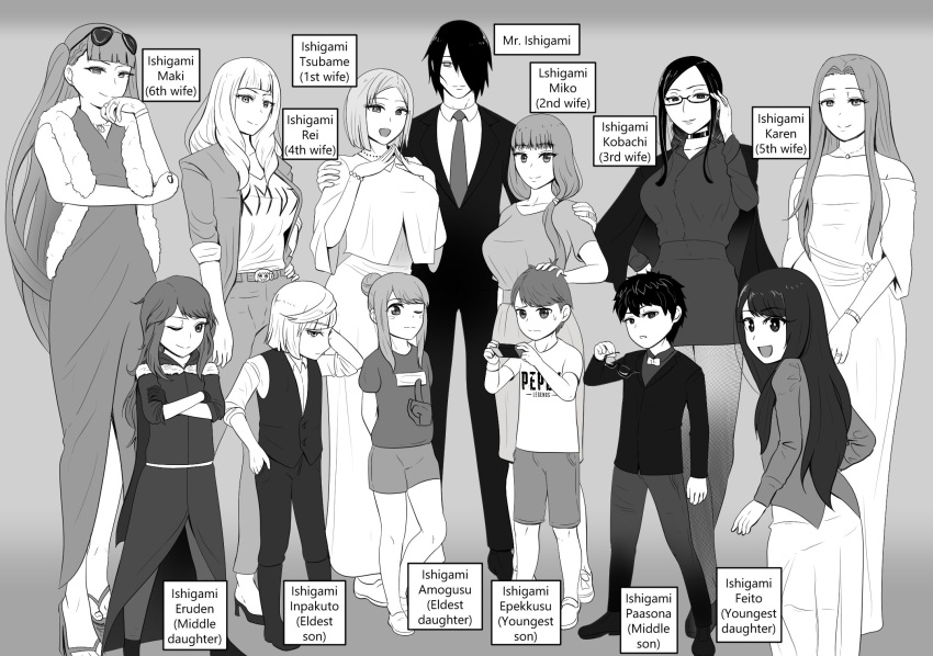 4boys, 6+girls, artist_name, brother_and_sister, brothers, character_name, english_text, exhausted