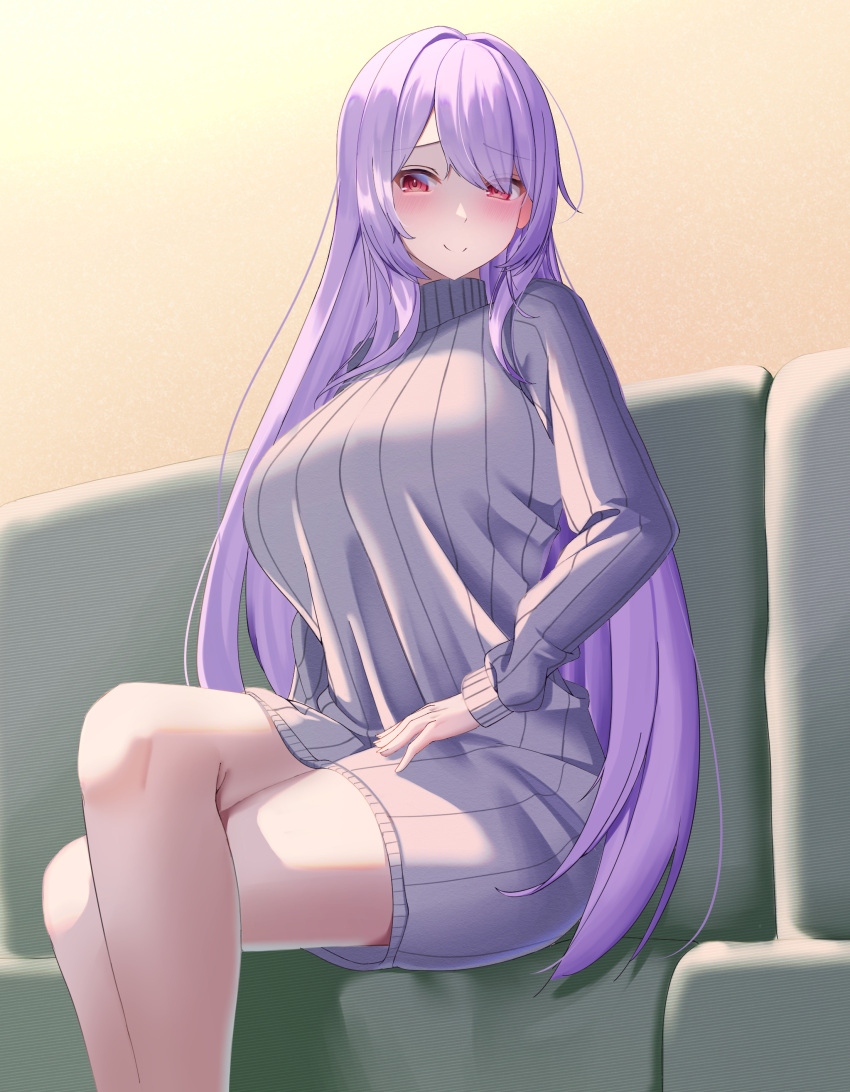 1girl, absurdres, bangs, breasts, closed_mouth, commentary_request, crossed_legs, dress, feet_out_of_frame, highres, large_breasts, long_hair, long_sleeves, looking_at_viewer, mashiro03, original, purple_hair, red_eyes, sitting, smile, solo, sweater, sweater_dress, thighs