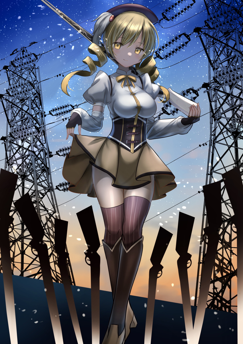 1girl, absurdres, blonde_hair, boots, breasts, brown_footwear, brown_gloves, brown_headwear