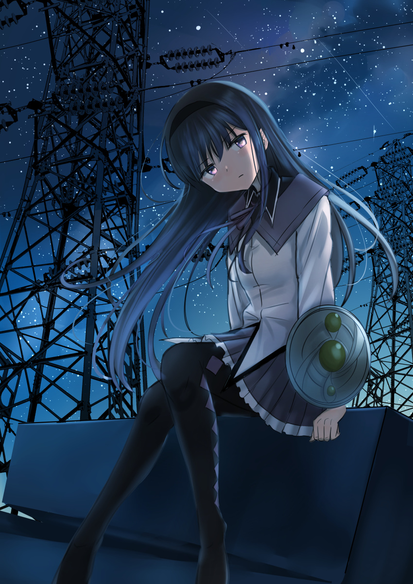 1girl, absurdres, akemi_homura, argyle, argyle_legwear, black_hair, black_hairband, black_legwear
