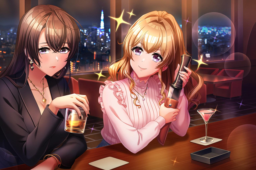 blush, brown_hair, d4dj, dress, kase_mana, long_hair, smile, violet_eyes