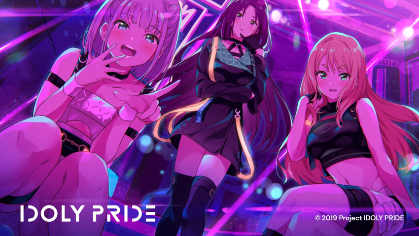 3girls, bangs, blonde_hair, earrings, fran_(idoly_pride), green_eyes, grey_hair, highres