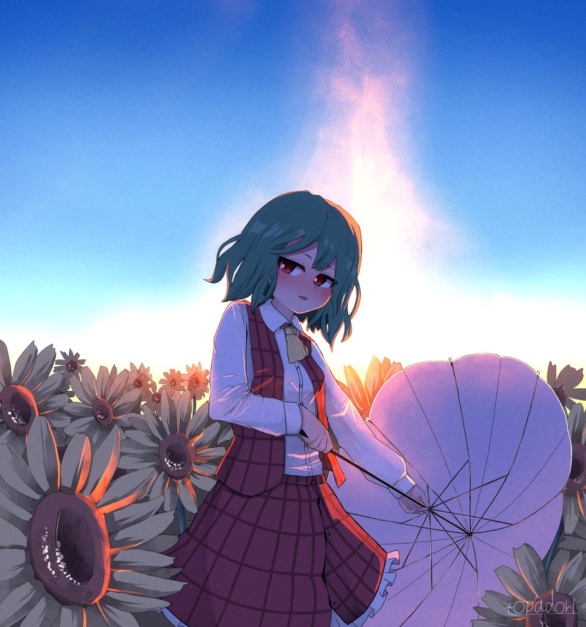 1girl, ascot, bangs, blue_sky, blush, buttons, collared_shirt, day
