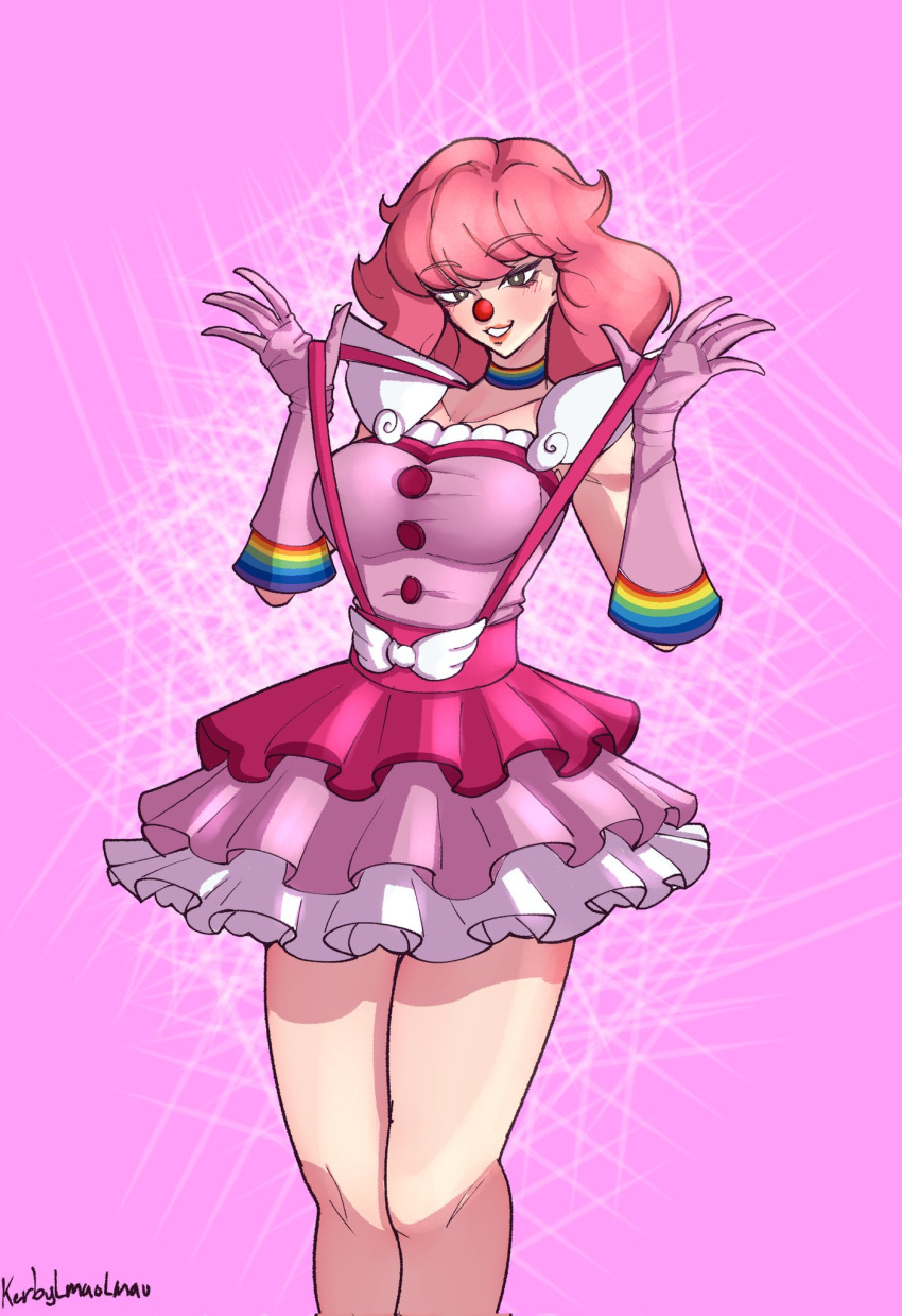 1girl, ace_attorney, bangs, clown, clown_nose, frilled_skirt, frills, geiru_toneido