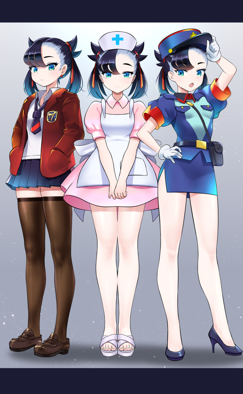 1girl, absurdres, apron, bag, bangs, bare_legs, black_footwear, black_hair